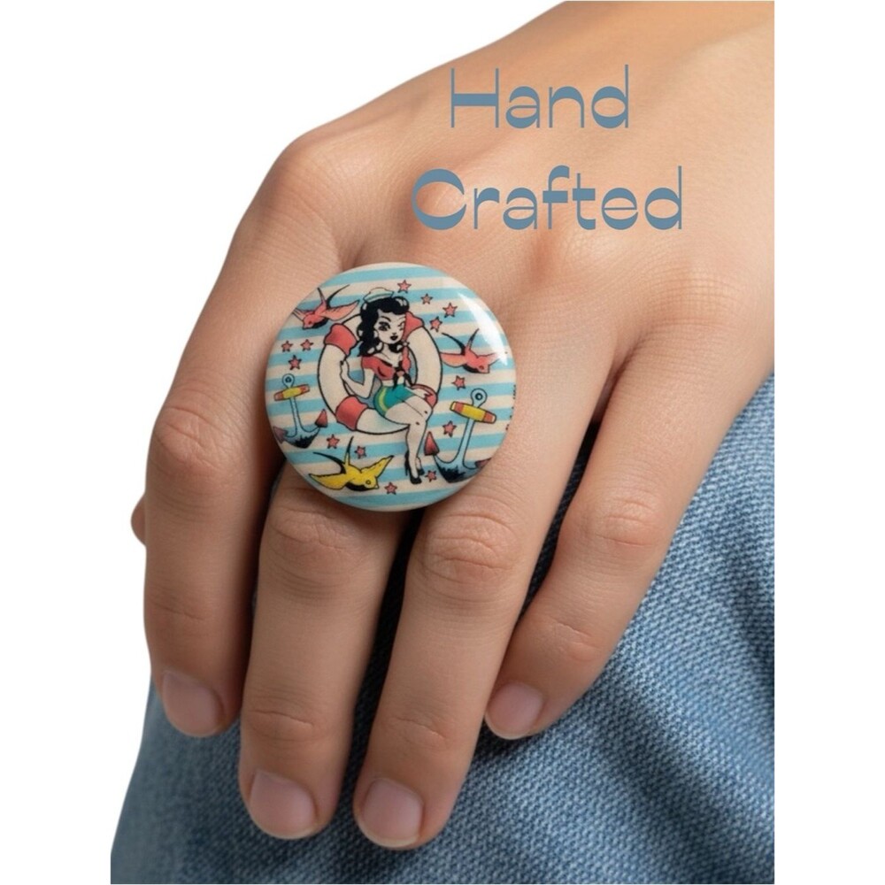 Hand Crafted Vintage Pinup Girl Pin Back Button Adjustable Ring NWT